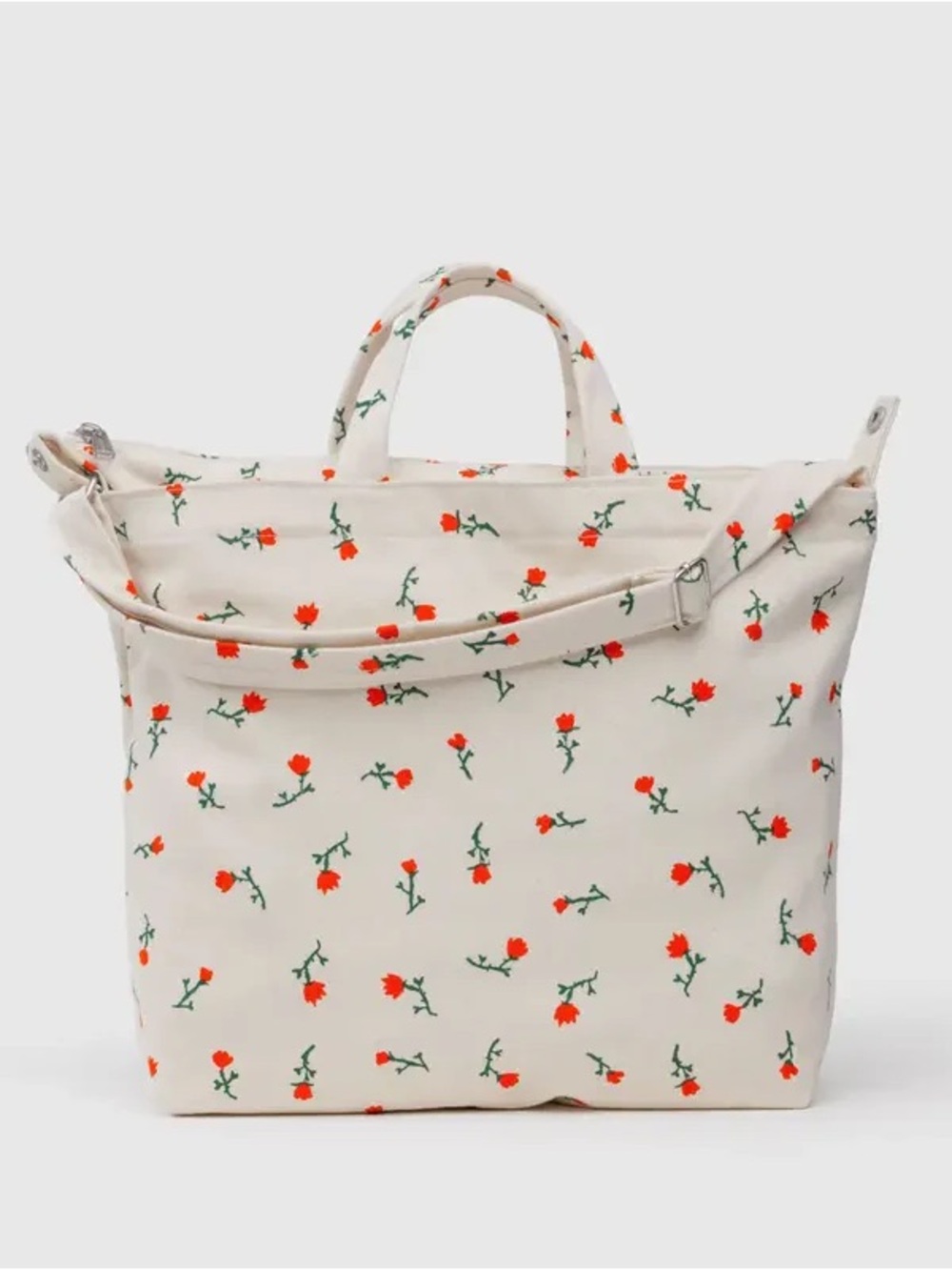 BAGGU Cream Tote with Red Floral Print and Green Stems